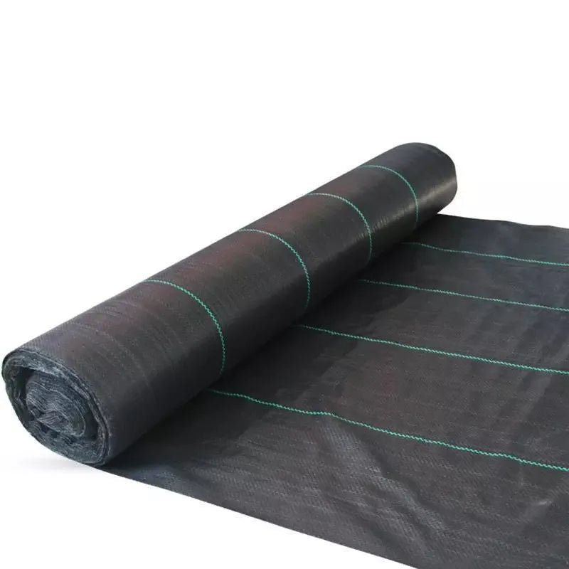 Black composite woven polyethylene weed-proof cloth roll for agricultural greenhouse use.