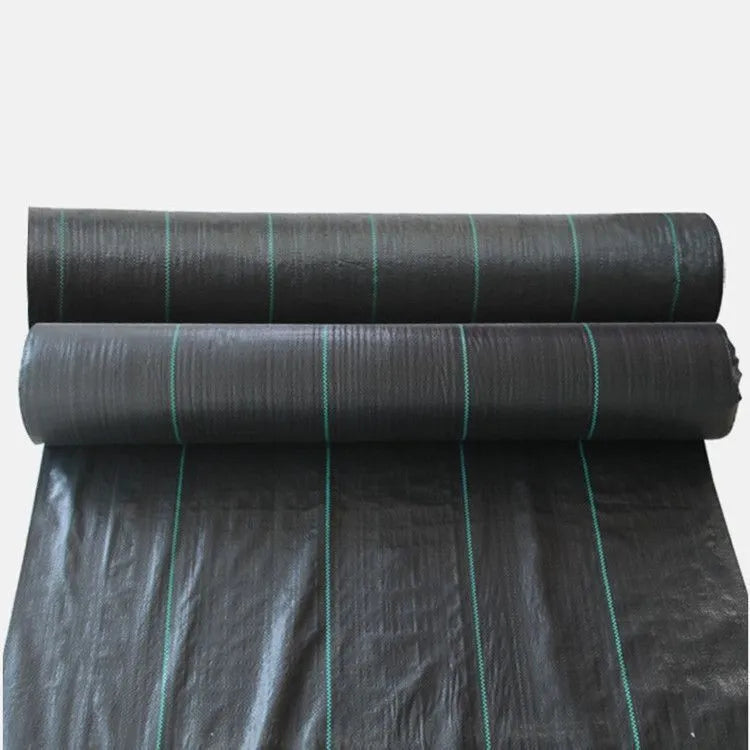 Black composite woven polyethylene weed-proof cloth roll for agricultural greenhouse use.