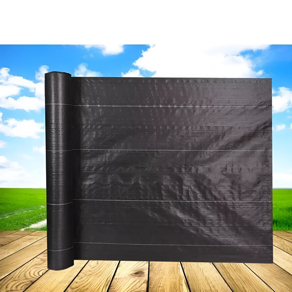 Black composite woven polyethylene weed-proof cloth roll for agricultural greenhouse use.