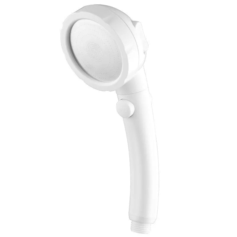 Blue ABS plastic handheld shower head with universal four-point fitting connector.