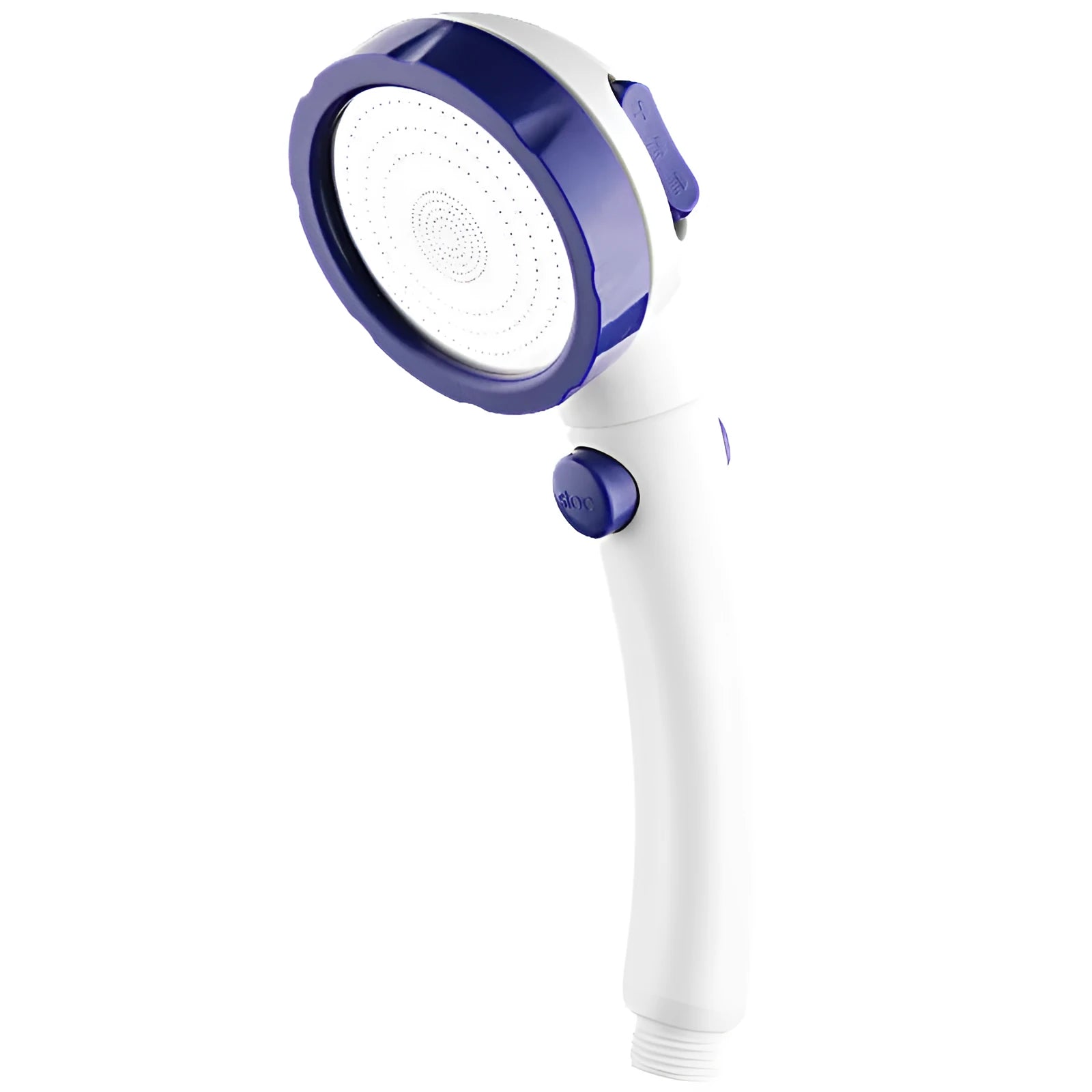 Blue ABS plastic handheld shower head with universal four-point fitting connector.