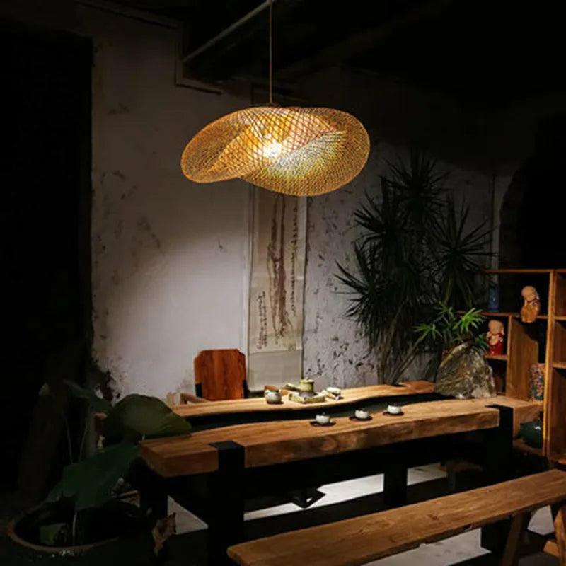 Bamboo chandelier with 40cm natural shell shade hanging as Chinese Zen pendant light
