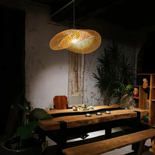Bamboo chandelier with 40cm natural shell shade hanging as Chinese Zen pendant light