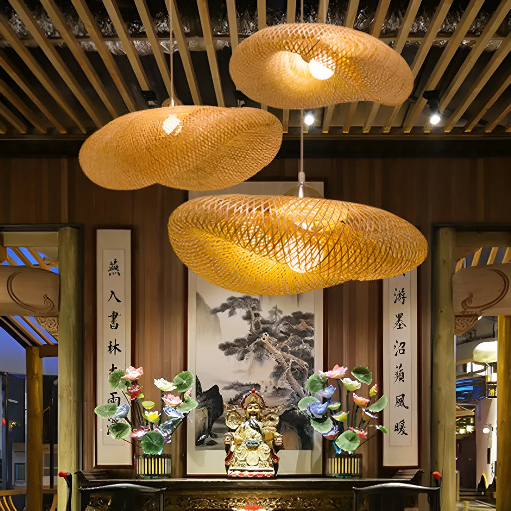 Bamboo chandelier with 40cm natural shell shade hanging as Chinese Zen pendant light