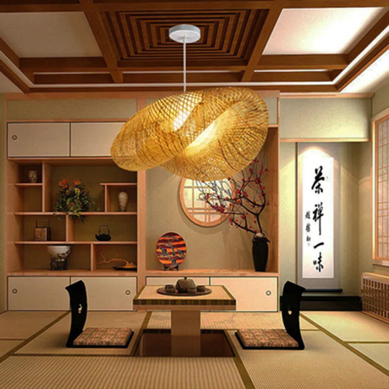 Bamboo chandelier with 40cm natural shell shade hanging as Chinese Zen pendant light