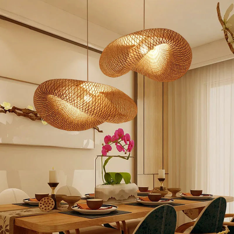 Bamboo chandelier with 40cm natural shell shade hanging as Chinese Zen pendant light