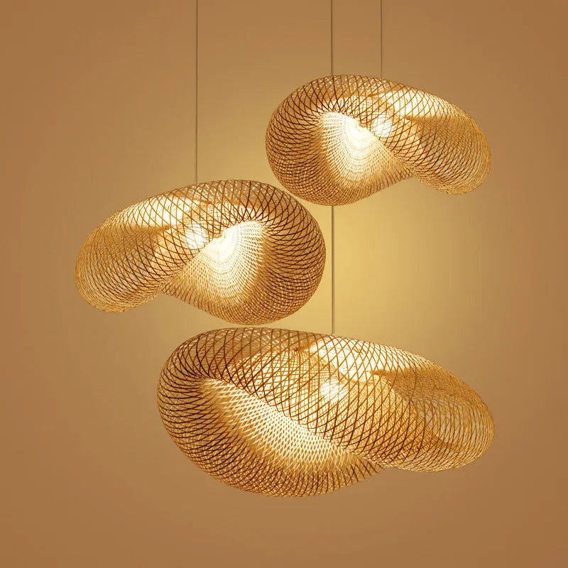 Bamboo chandelier with 40cm natural shell shade hanging as Chinese Zen pendant light