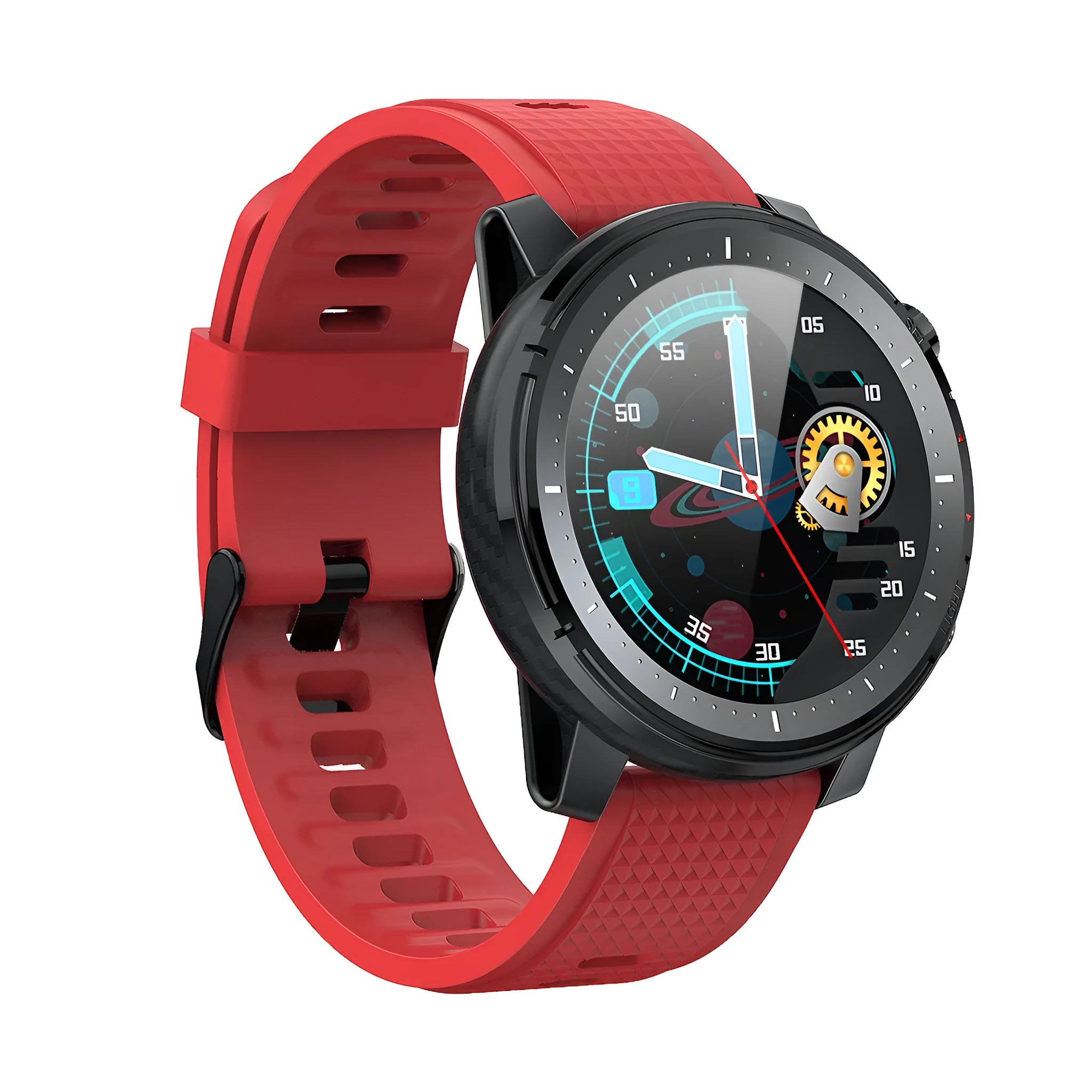 IP68 waterproof Android smart watch with round 1.3-inch screen and black silicone strap