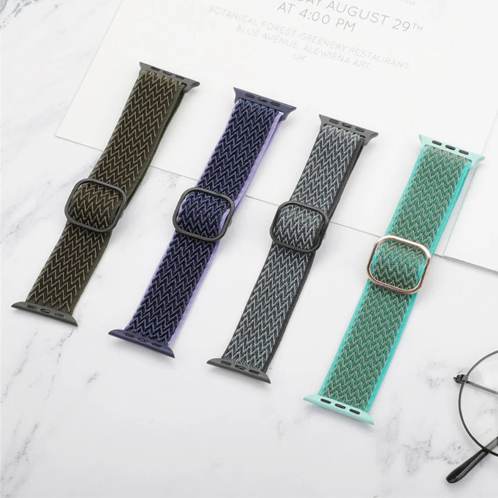 Braided nylon elastic strap for Apple Watch in multiple colours showing wave pattern texture
