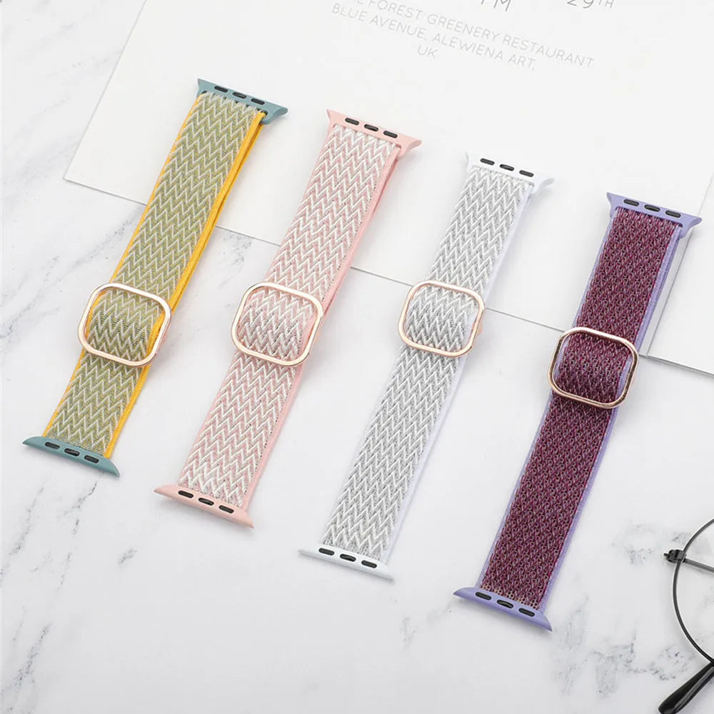 Braided nylon elastic strap for Apple Watch in multiple colours showing wave pattern texture