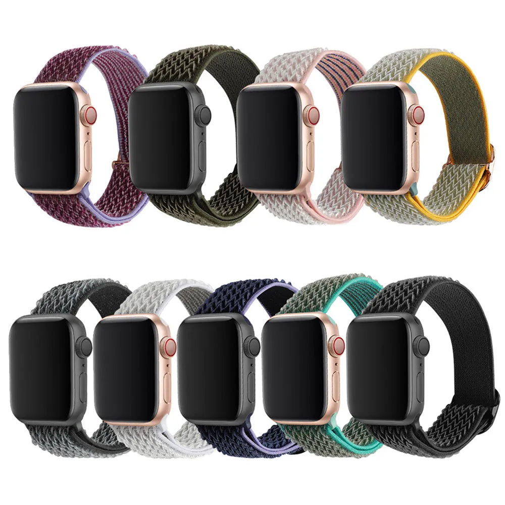 Braided nylon elastic strap for Apple Watch in multiple colours showing wave pattern texture