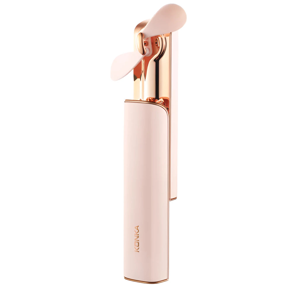 Pink handheld USB folding fan with head oscillation feature shown in open and folded positions