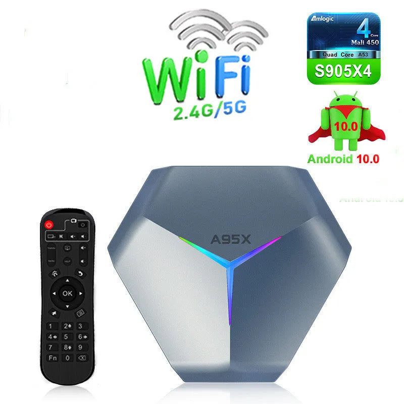 Android TV set-top box for 8K streaming with remote control and cables on a table.