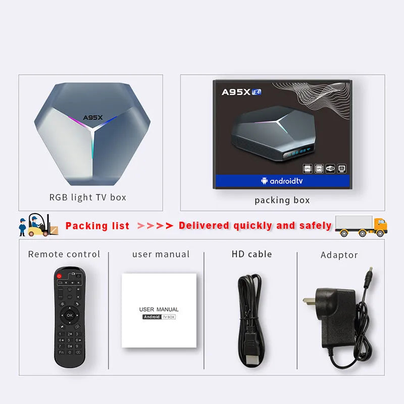 Android TV set-top box for 8K streaming with remote control and cables on a table.