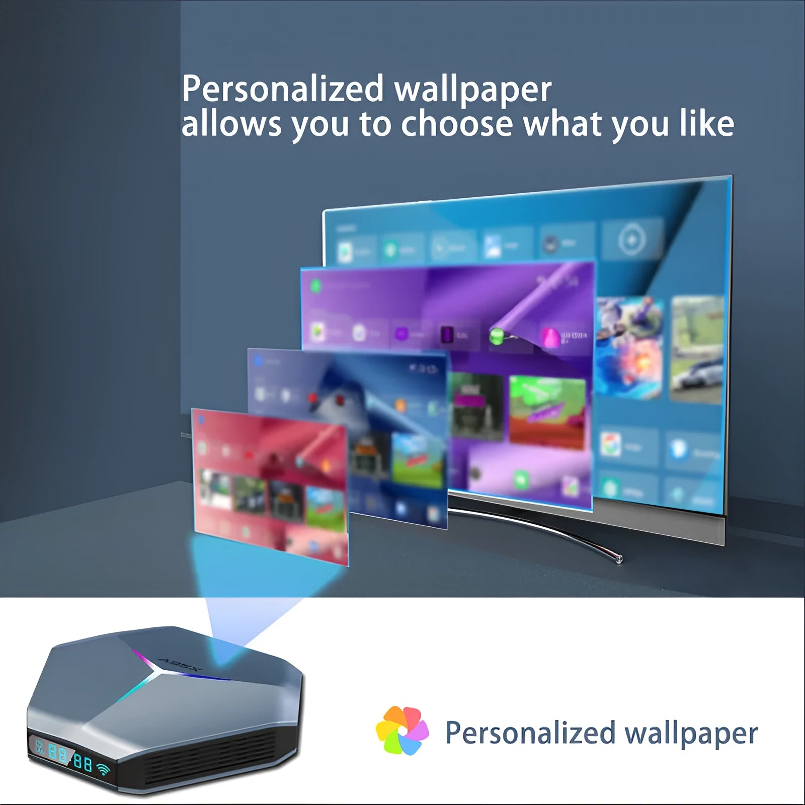 Android TV set-top box for 8K streaming with remote control and cables on a table.