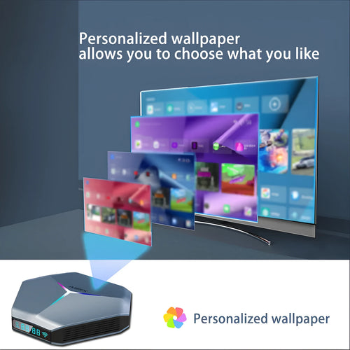 Android TV set-top box for 8K streaming with remote control and cables on a table.