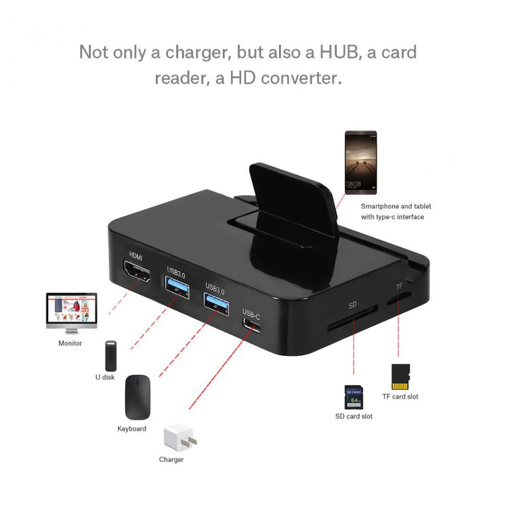 Black base mobile phone dock converter for HD video output to external displays