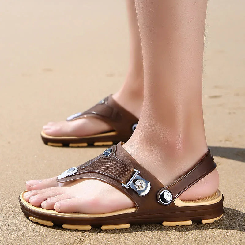 Men's flat heel sandals with PU upper and EVA sole, overshoe style, in blue or bronze, sizes 39-45