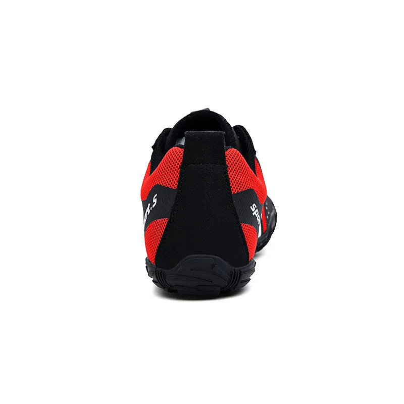 Outdoor quick-drying mesh wading shoes in red, black, or orange with a natural rubber sole.