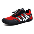 Outdoor quick-drying mesh wading shoes in red, black, or orange with a natural rubber sole.