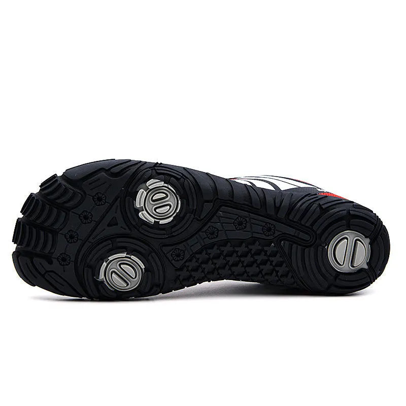 Outdoor quick-drying mesh wading shoes in red, black, or orange with a natural rubber sole.