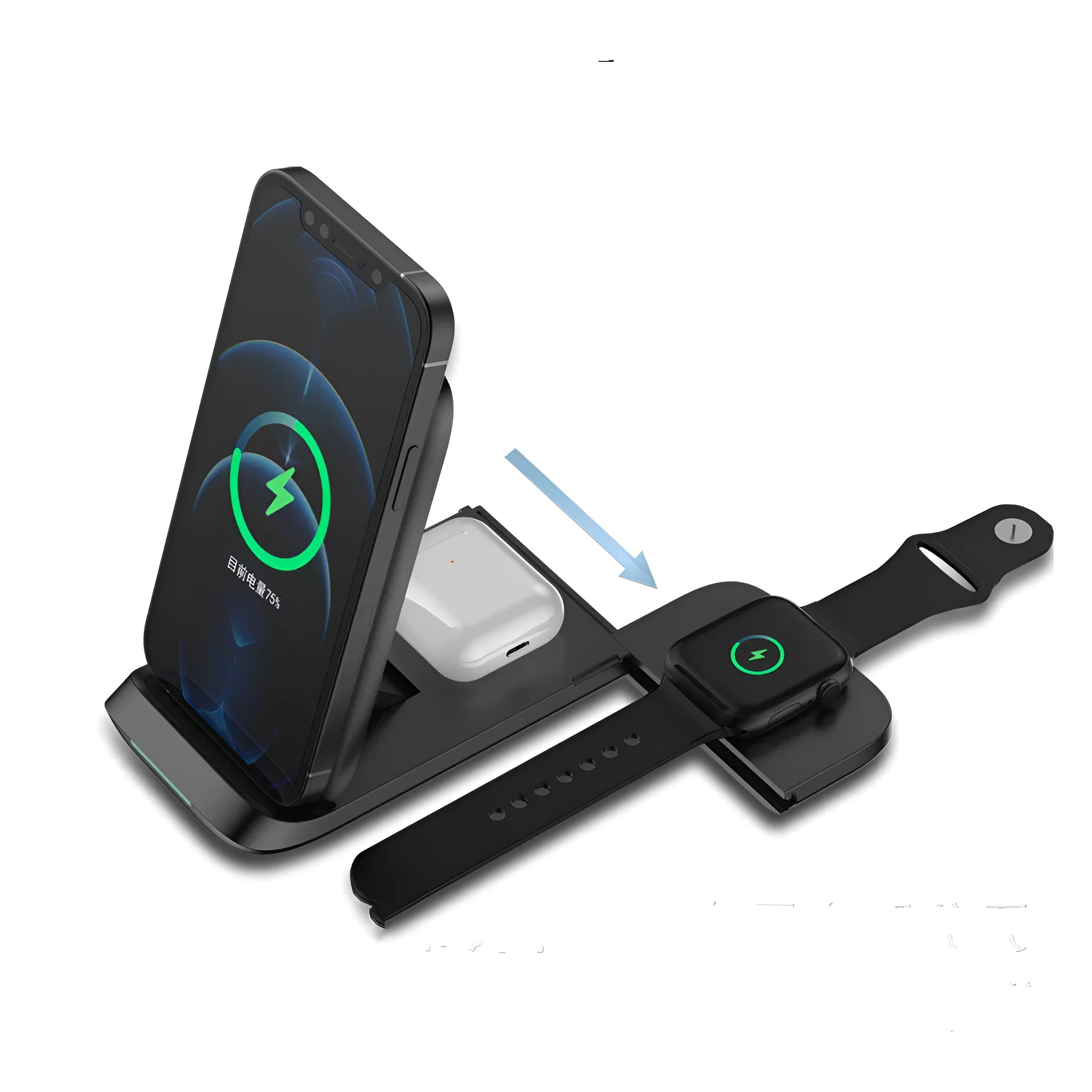 Foldable 3-in-1 wireless charger showing black and white colour options with TYPE-C port