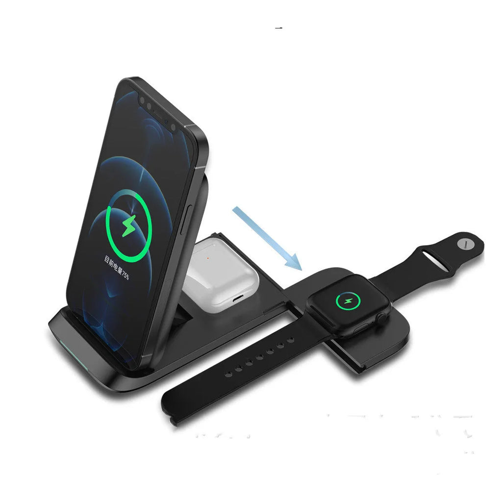 Foldable 3-in-1 wireless charger showing black and white colour options with TYPE-C port
