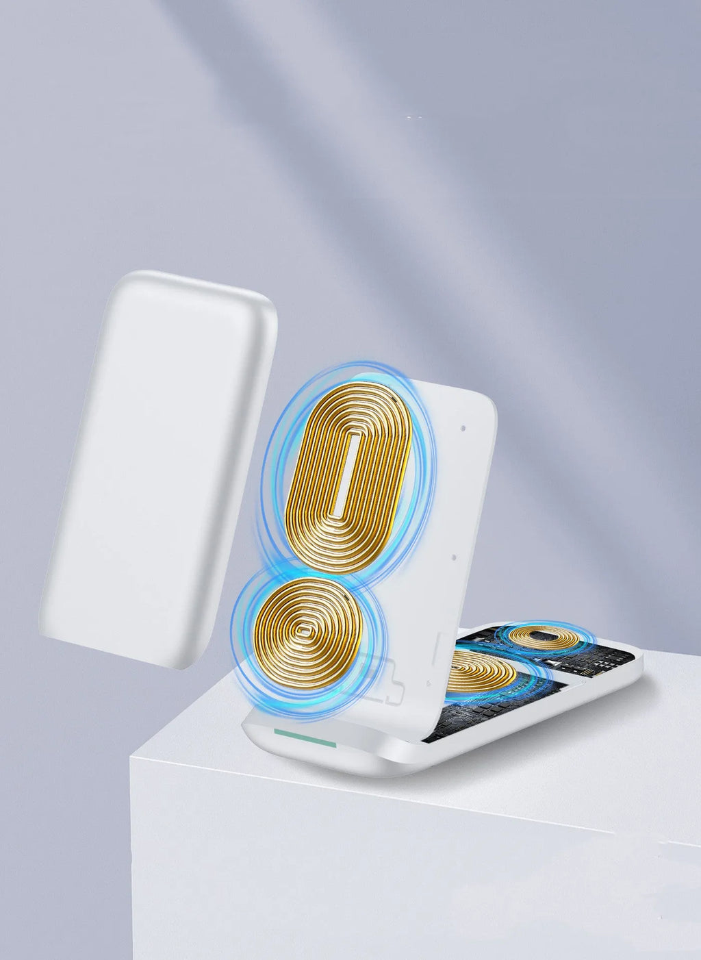 Foldable 3-in-1 wireless charger showing black and white colour options with TYPE-C port