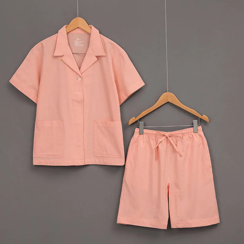 Pure cotton plaid pajamas for couples with square collar short sleeves in dark gray blue and pink