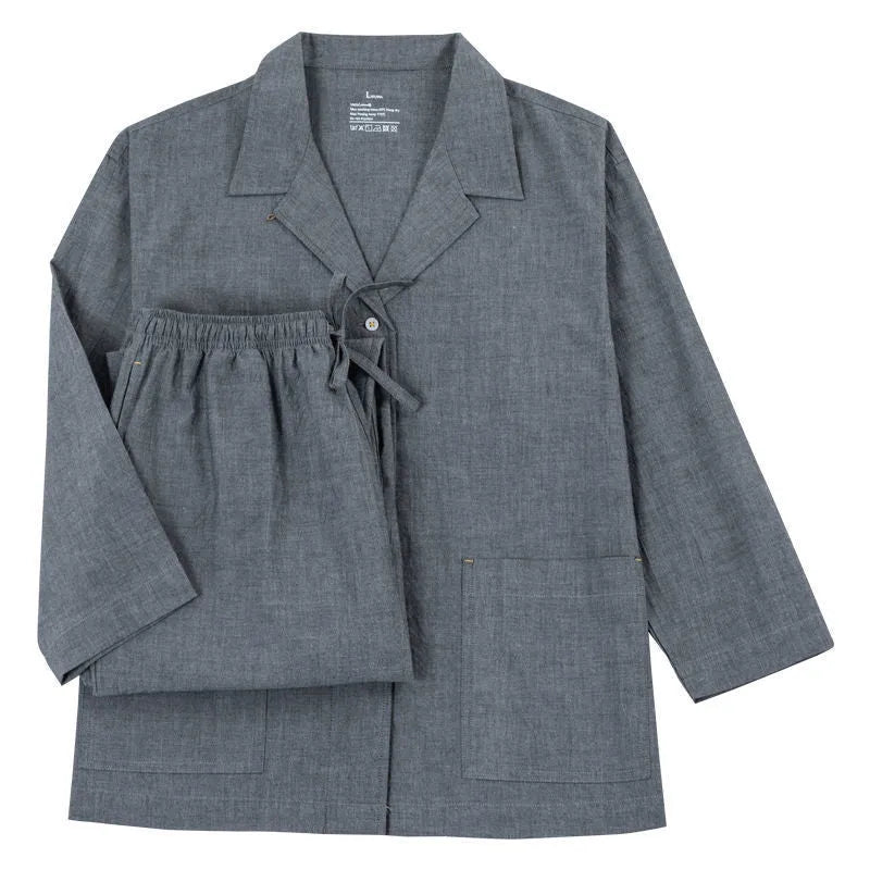 Pure cotton plaid pajamas for couples with square collar short sleeves in dark gray blue and pink