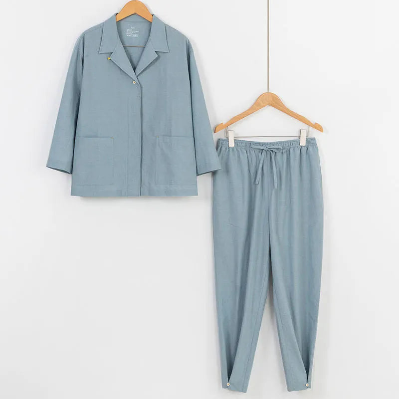 Pure cotton plaid pajamas for couples with square collar short sleeves in dark gray blue and pink