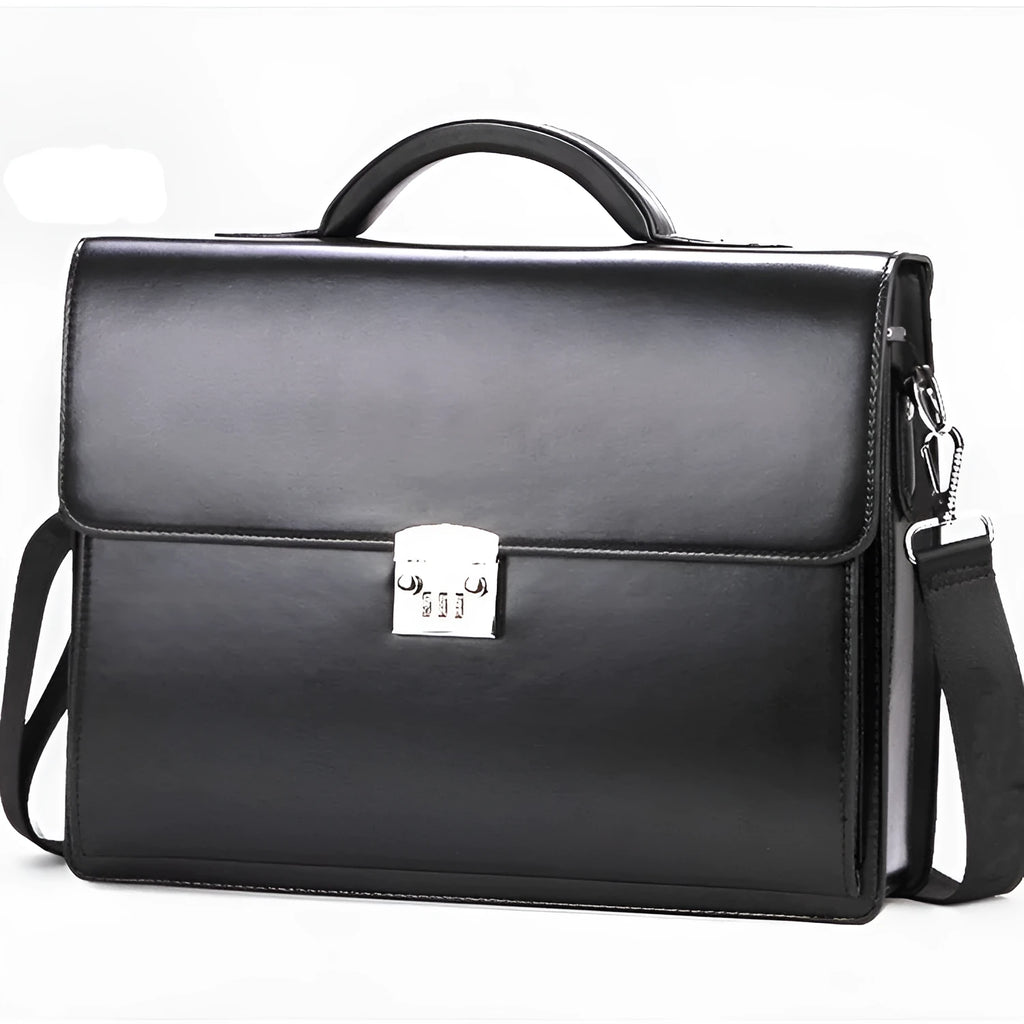 Black horizontal square PU leather men's business briefcase with a single handle.