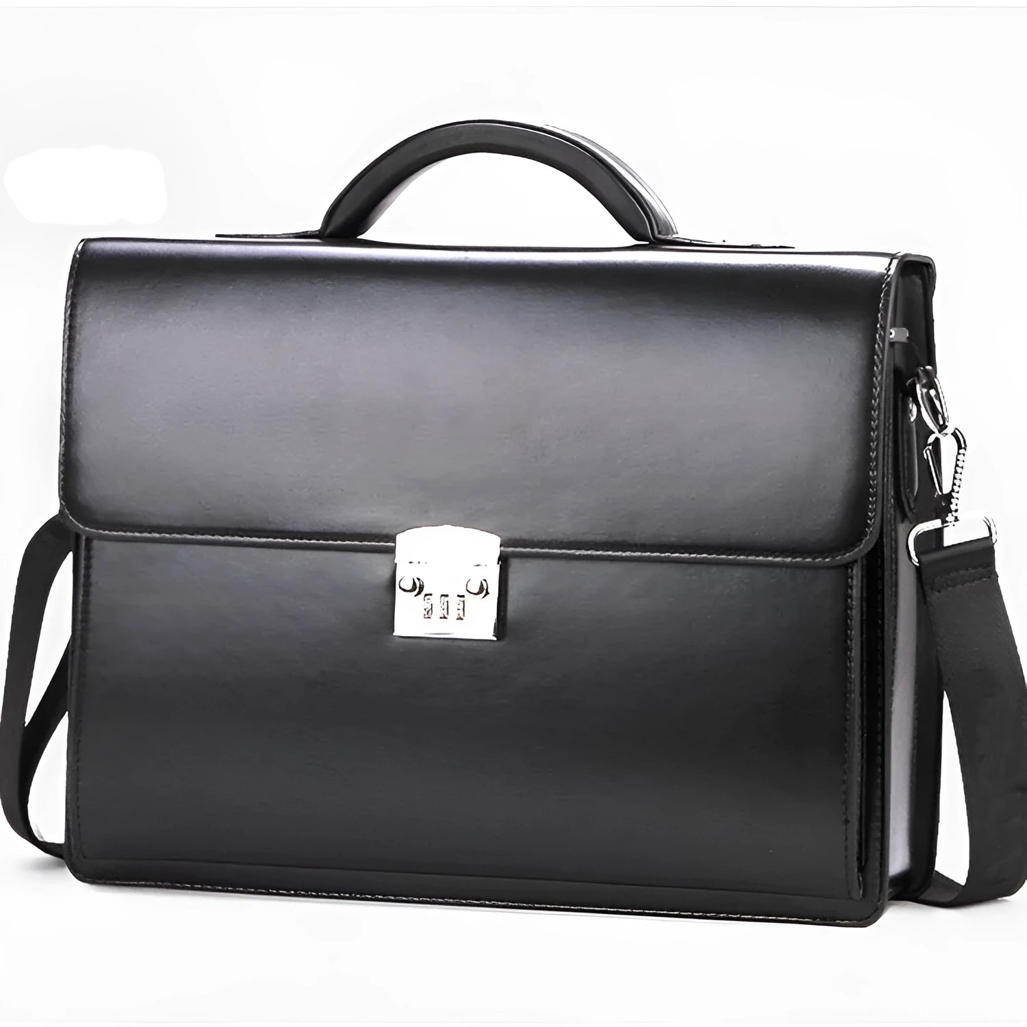 Black horizontal square PU leather men's business briefcase with a single handle.