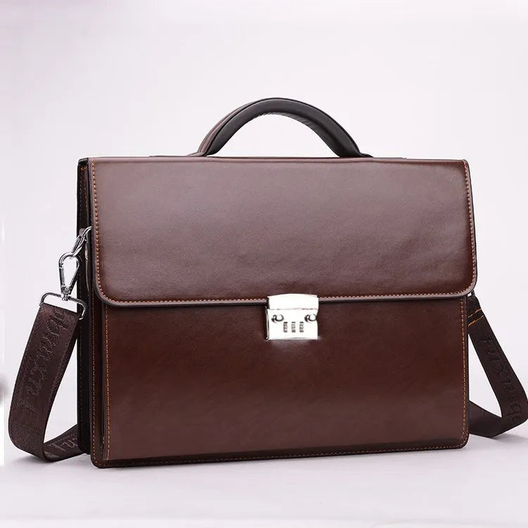 Black horizontal square PU leather men's business briefcase with a single handle.