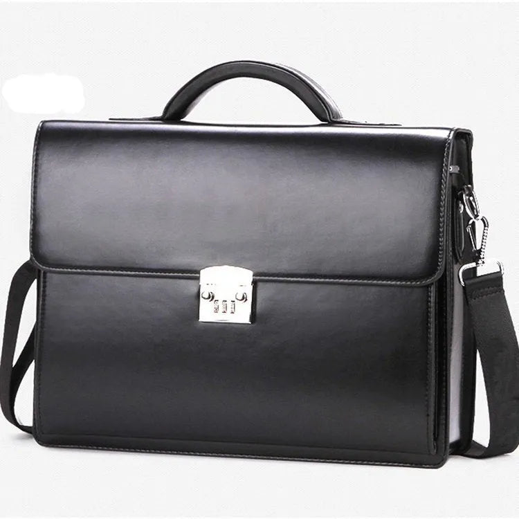 Black horizontal square PU leather men's business briefcase with a single handle.
