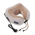 Brown U-shaped electric neck massage pillow with control buttons, shown on a table.