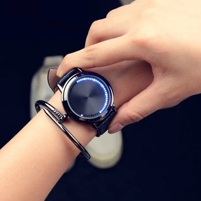 Electronic digital wrist watch with blue LED display in black and white colour options
