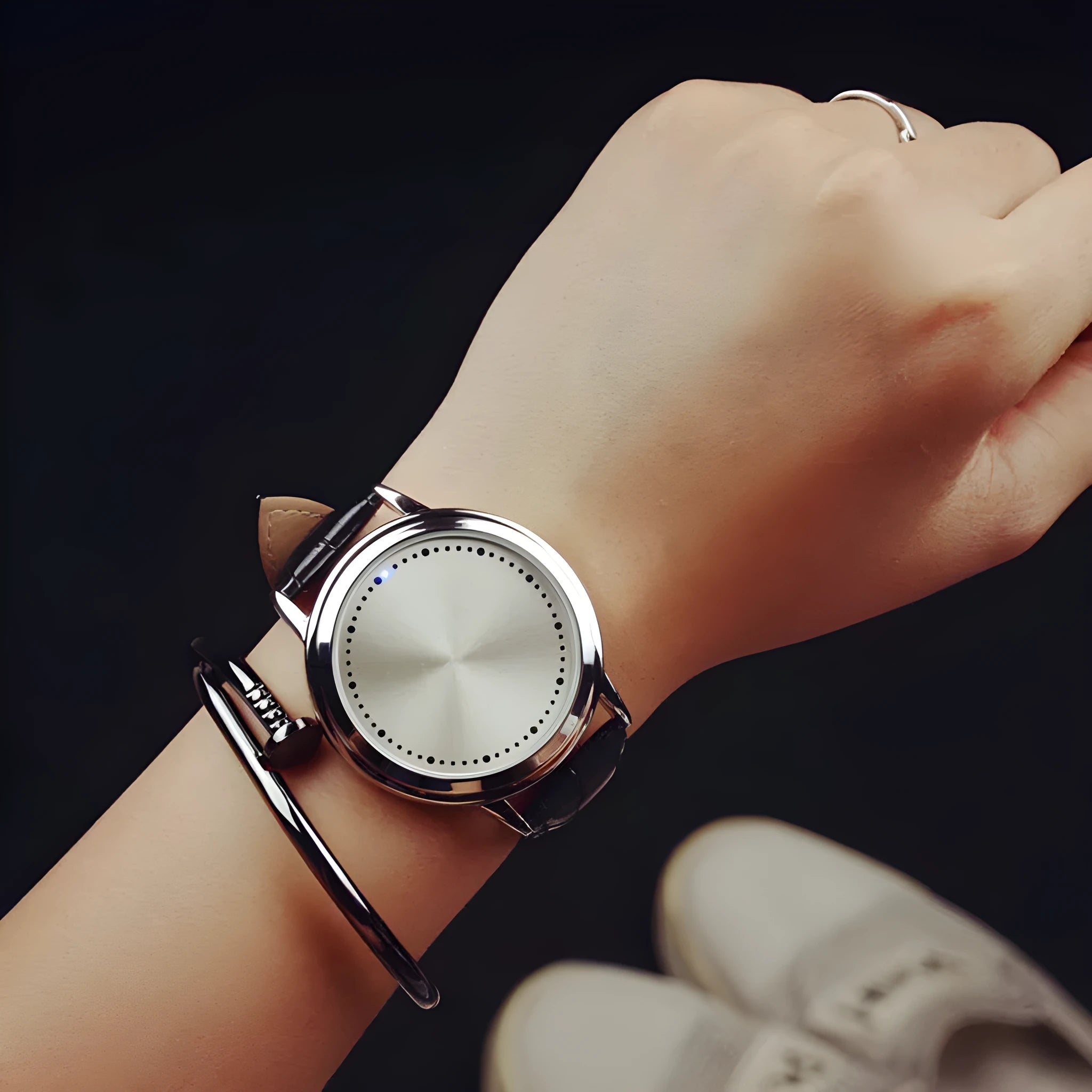 Electronic digital wrist watch with blue LED display in black and white colour options