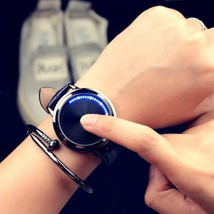 Electronic digital wrist watch with blue LED display in black and white colour options