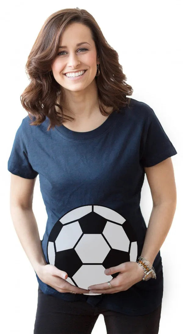 White cotton maternity t-shirt with hand print pattern, round collar, short sleeves on model