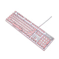 Pink and silver mechanical keyboard with green switches and white backlighting, alongside a wired mouse.