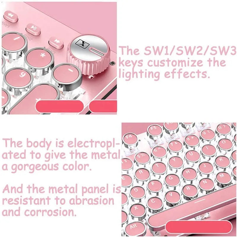Pink and silver mechanical keyboard with green switches and white backlighting, alongside a wired mouse.