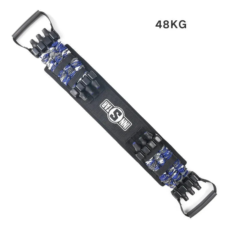 Camouflage nylon bench press stretcher with three-level resistance adjustment and soft rubber handle