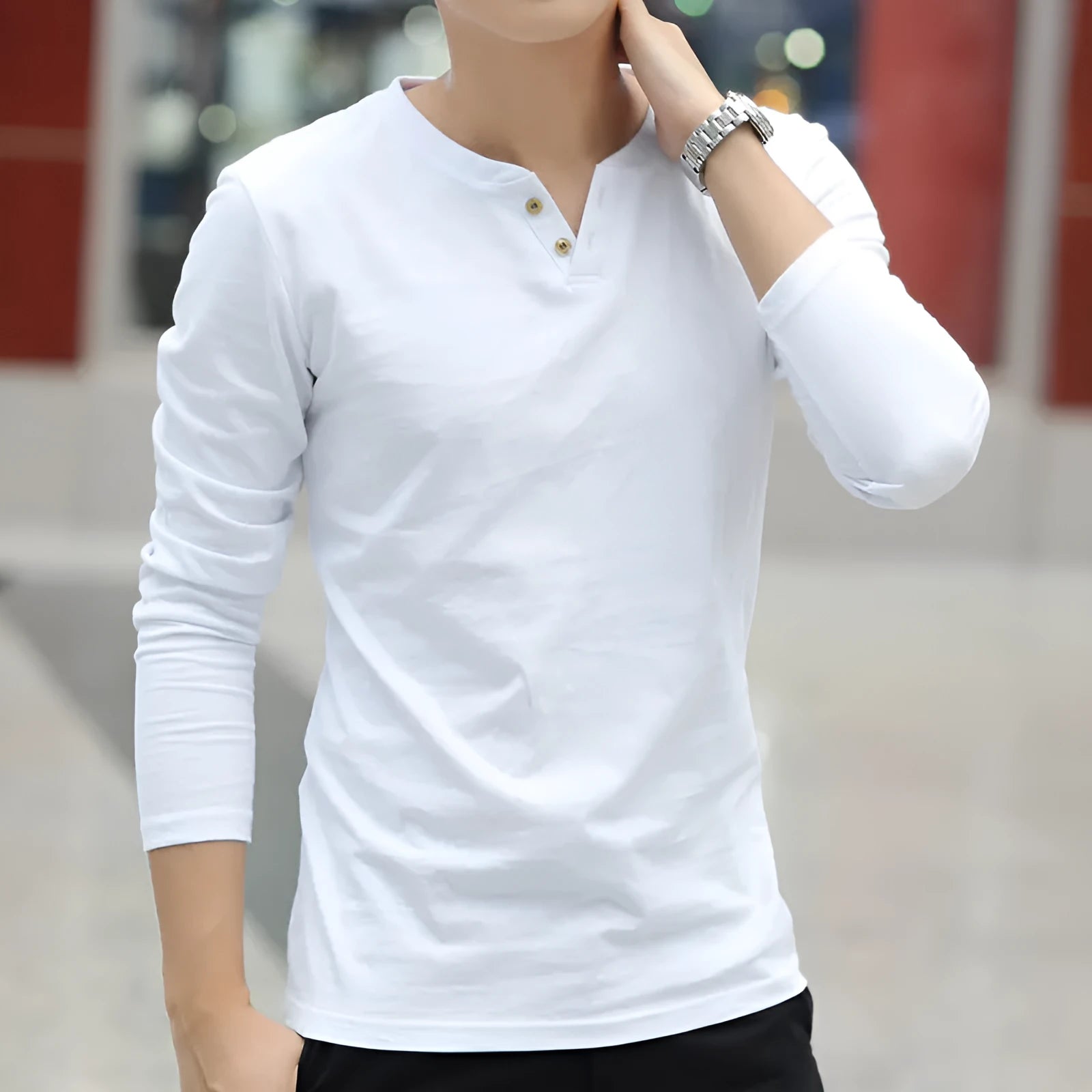 Casual men's linen V-neck t-shirt with button detail in black, size M to 4XL