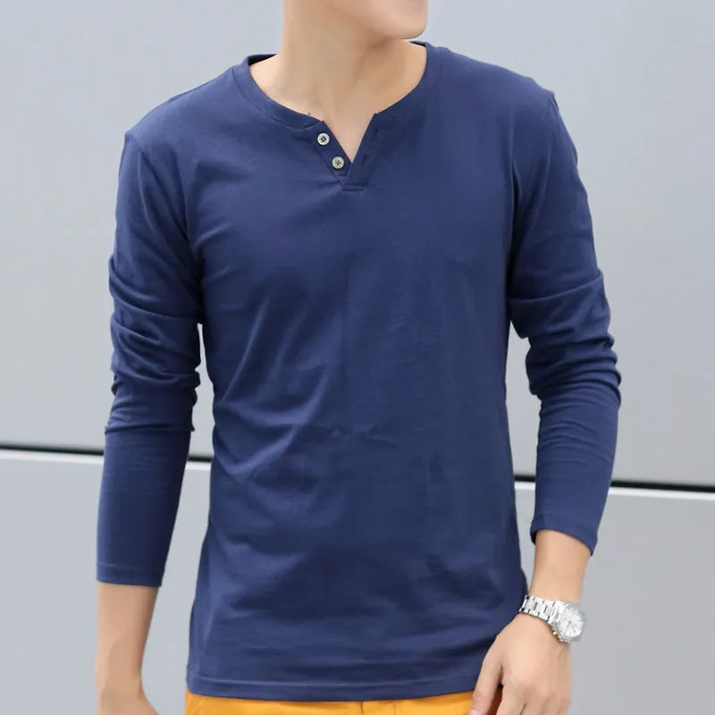 Casual men's linen V-neck t-shirt with button detail in black, size M to 4XL
