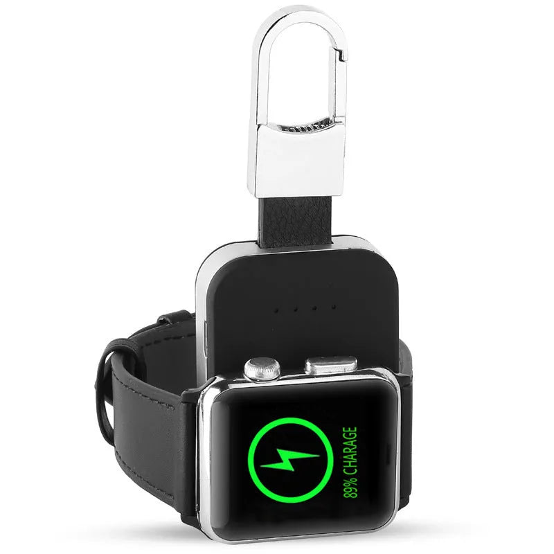 Black keychain-sized portable power bank for wireless Apple Watch charging