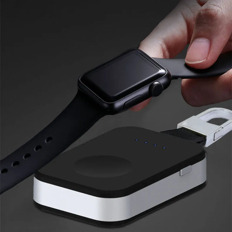 Black keychain-sized portable power bank for wireless Apple Watch charging