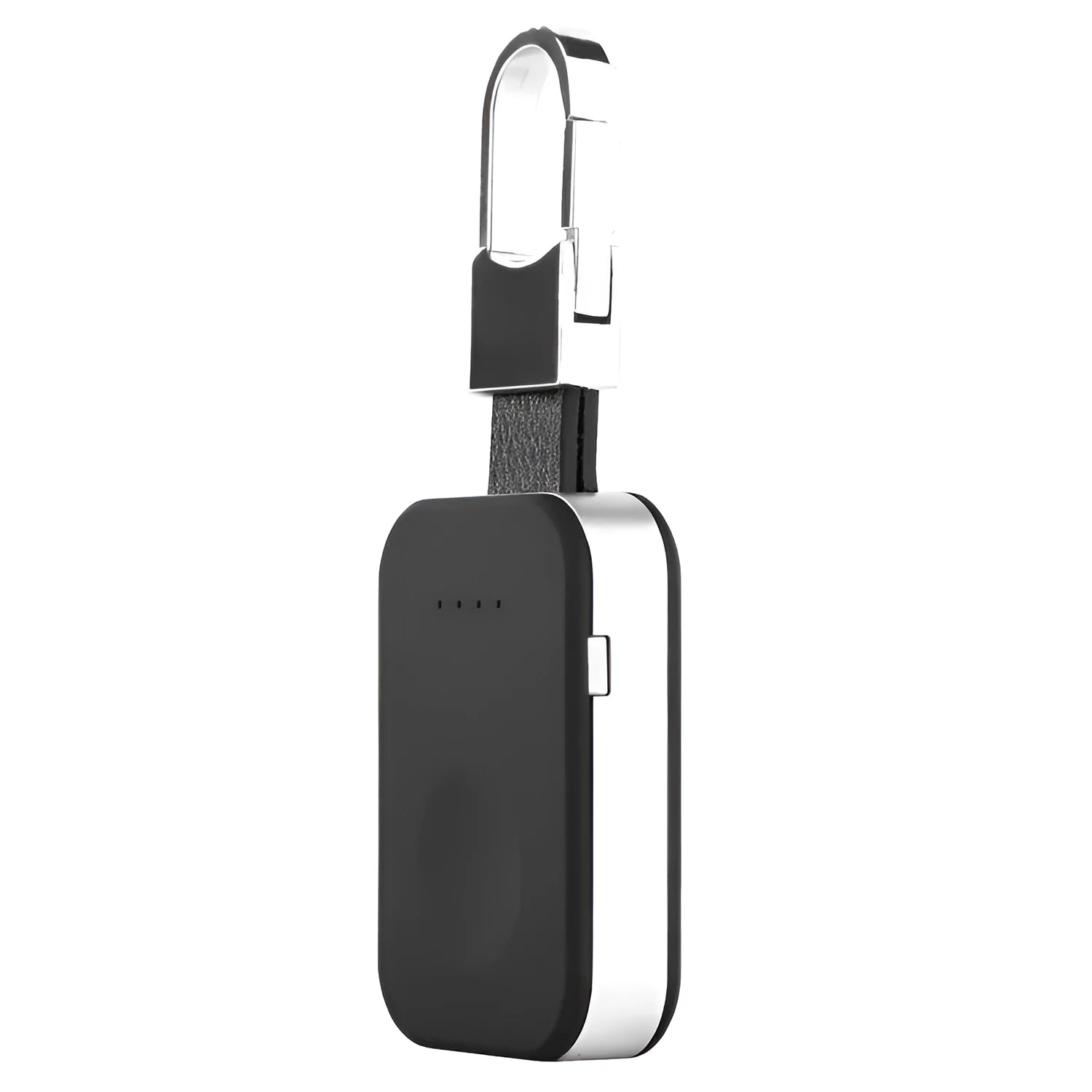 Black keychain-sized portable power bank for wireless Apple Watch charging