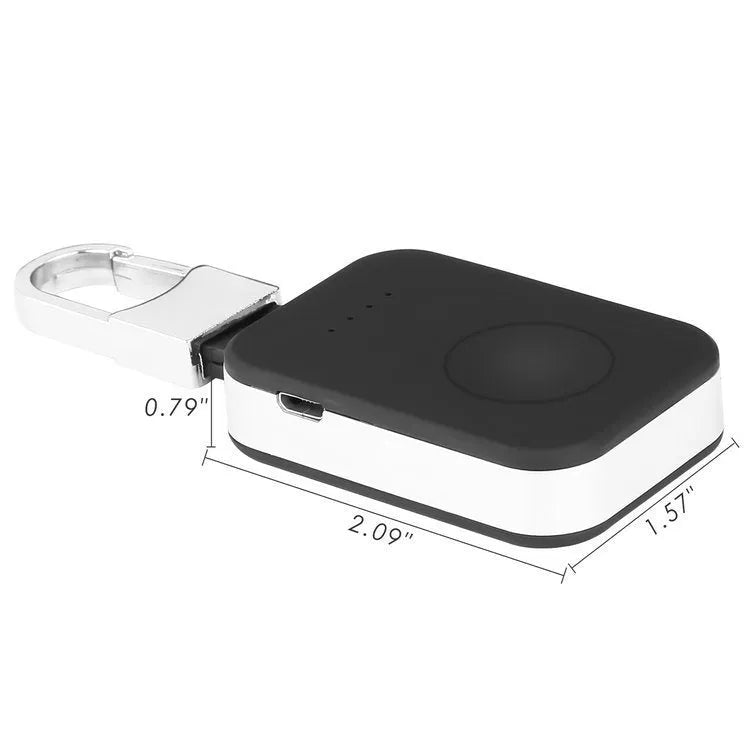 Black keychain-sized portable power bank for wireless Apple Watch charging