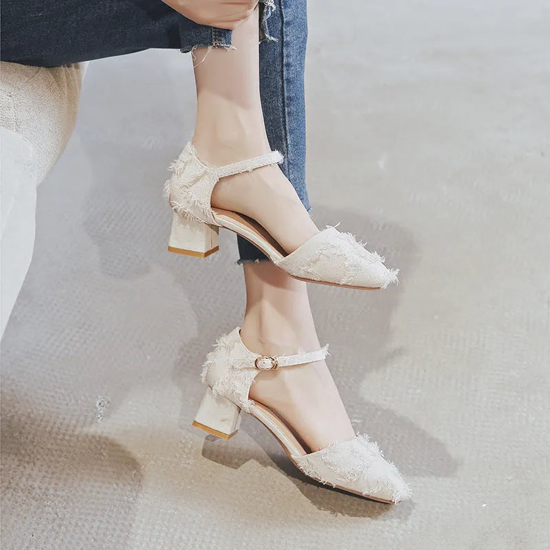 Women's apricot suede d'Orsay flat shoes with an ankle strap and a low rubber sole.